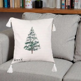 Perna Decorativa cu Franjuri cu tematica de Craciun, Brad 2, 40x40 cm, Bej cu Franjuri, Husa Detasabila, Perna Inclusa, BEKZ®