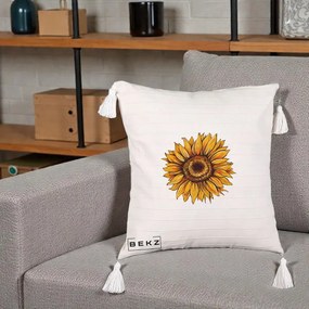Perna Decorativa Floarea Soarelui Vibranta, 40x40 cm, Bej cu Franjuri, Husa Detasabila, Perna Inclusa, BEKZ®