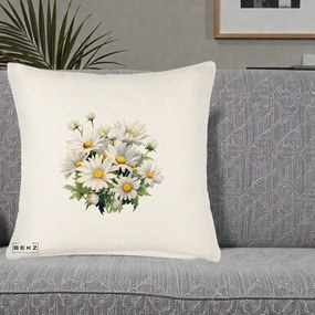 Perna Decorativa Buchet Margarete Albe Acuarela, 40x40 cm, Crem Reliefat, Husa Detasabila, Perna Inclusa, BEKZ®