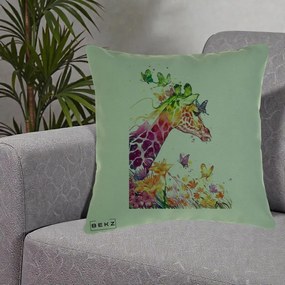 Perna Decorativa Girafa Curcubeu Acuarela, 40x40 cm, Verde, Husa Detasabila, Perna Inclusa, BEKZ®