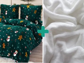 Lenjerie de pat din microplus SNOWMAN AND GINGERBREAK verde + cearsaf din microplus SOFT 90x200 cm alb