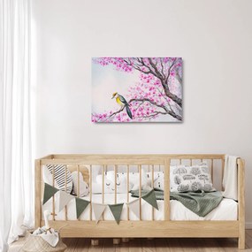 Tablou pe sticlă - Pasăre pe un copac cu flori roz (70x50 cm)