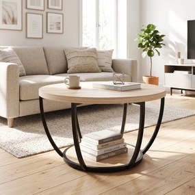 HOMCOM Măsuță de Cafea Rotundă cu 2 Rafturi, Picioare Metalice, Blat Gros, 80x80x43,8 cm, Finisaj Lemn Natur | Aosom Romania