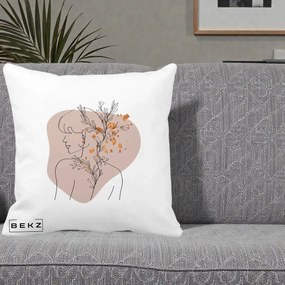 Perna Decorativa Femeie cu Flori Line Art Boho, 40x40 cm, Alba Mata, Husa Detasabila, Perna Inclusa, BEKZ®