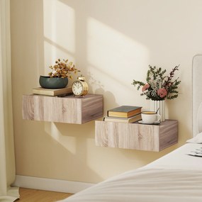 HOMCOM Set de 2 Noptiere Suspendate cu Sertar, Pereche de Noptiere Moderne din Lemn, Mese Laterale pentru Canapea, Living și Dormitor, 40x30x15 cm, Stejar | Aosom Romania