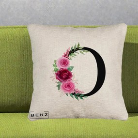 Cadou Personalizat - Perna Personalizata Monograma Florala Litera O, 40x40 cm, Bej Canapea, Husa Detasabila, Perna Inclusa, BEKZ®