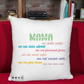 Cadou pentru Mama - Perna Personalizata Mama Cel Dintai Cuvant cu Text Colorat Multicolor, 40x40 cm, Alb Pufos, Husa Detasabila, Perna Inclusa, BEKZ®