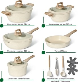 La mâna a doua: Set oale si tigai Just Perfecto JL-888, 14 piese, Finisaj marmura, Inductie, Accesorii, Bej