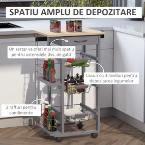 HOMCOM Carucior Bucatarie Multifunctional cu 3 Sertare Detasabile 2 Suporturi Sticle Lemn de Pin Metal 47x37x83cm Stejar Gri | Aosom Romania