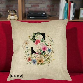Cadou Personalizat - Perna Personalizata Monogram Litera S cu Flori Acuarela, 40x40 cm, Crem, Husa Detasabila, Perna Inclusa, BEKZ®