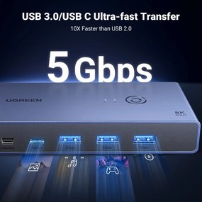 Switch KVM UGREEN CM695 Input: 2 x DP si USB-Type-C, 1 x Mini USB, Output: 1 x DP,3 x USB, 1 x USB-Type-C, rez. max.8K/60Hz