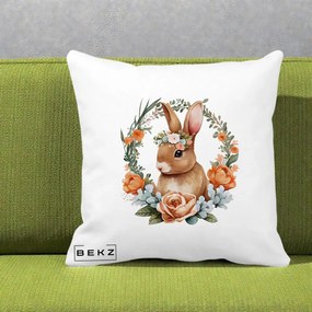 Perna Decorativa Iepuras Floral Coronita Acuarela, 40x40 cm, Alba Mata, Husa Detasabila, Perna Inclusa, BEKZ®