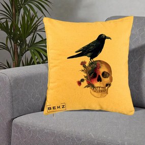 Perna Decorativa Craniu cu Corb si Flori Gothic, 40x40 cm, Galben, Husa Detasabila, Perna Inclusa, BEKZ®