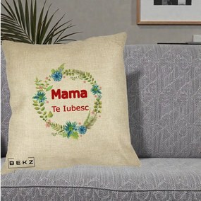 Cadou pentru Mama - Perna Personalizata Mama Te Iubesc Flori Albastre, 40x40 cm, Crem, Husa Detasabila, Perna Inclusa, BEKZ®