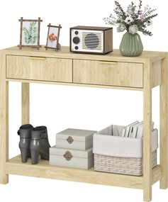 HOMCOM Consolă 90 cm, masă consolă îngustă cu 2 sertare canelate și raft, stil modern, lemn natural | Aosom Romania