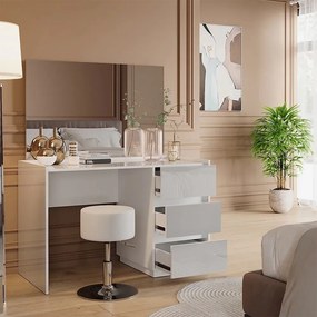Masuta machiaj cu Oglinda LED si 3 Sertare pentru Cosmetice, Set Masa toaleta 120 cm, Alb Lucios, masuta cosmetica, vanity - SEA805