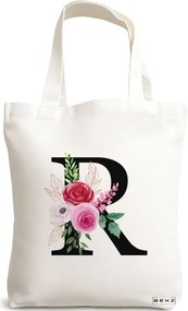 Sacosa de Panza pentru Cumparaturi, Geanta Tote, Cu litera R si Trandafiri, 38x34.5 cm, Alba, BEKZ®
