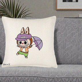 Perna Personalizata Labubu Lucky cu Umbrela, 40x40 cm, Crem Reliefat, Husa Detasabila, Perna Inclusa, BEKZ®