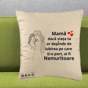 Cadou pentru Mama - Perna Personalizata Mama Nemuritoare cu Copilul in Poala, 40x40 cm, Bej, Husa Detasabila, Perna Inclusa, BEKZ®
