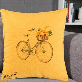 Perna Decorativa Bicicleta cu Cos de Lamai Mediteranean, 40x40 cm, Galben, Husa Detasabila, Perna Inclusa, BEKZ®