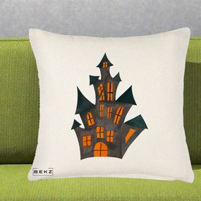 Perna Decorativa Halloween Casa Bantuita Minimalista, 40x40 cm, Crem Reliefat, Husa Detasabila, Perna Inclusa, BEKZ®