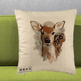 Perna Decorativa Caprioara Pui Acuarela, 40x40 cm, Bej, Husa Detasabila, Perna Inclusa, BEKZ®