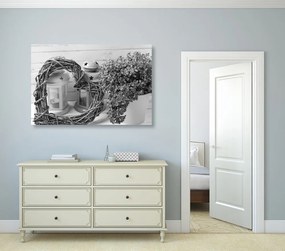 Tablou inimă din răchită cu felinare și liliacul în design alb-negru