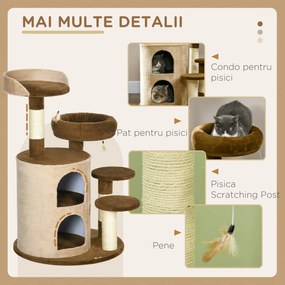 PawHut Copac Pisici Interior cu Stâlpi Zgârieturi, 96cm, Apartament, 2 Paturi, Platforme, Jucării, Maro | Aosom Romania