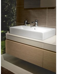 Dulap baza suspendat cu blat sticla, Memento Villeroy&amp;Boch, lavoar stanga, 80.6x46x37cm, stejar deschis/bej, C779L0FC