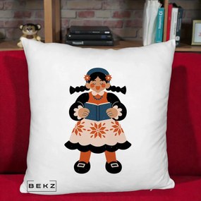 Perna Personalizata Fetita cu Carte Ilustratie Folk, 40x40 cm, Alb Pufos, Husa Detasabila, Perna Inclusa, BEKZ®