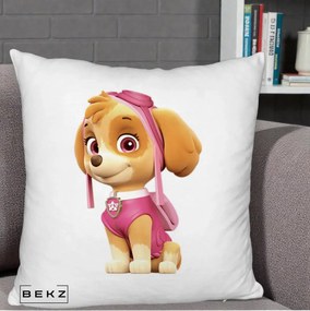 Perna Personalizata Skye PAW Patrol Roz, 40x40 cm, Alb Pufos, Husa Detasabila, Perna Inclusa, BEKZ®
