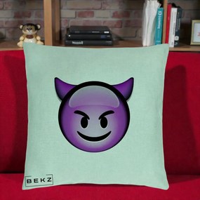 Perna Decorativa Emoji Diavol Mov, 40x40 cm, Verde Menta, Husa Detasabila, Perna Inclusa, BEKZ®