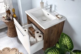 Set Mobilier Baie Sahra 65, Include Baza Lavoar, Lavoar și Oglinda, 65 cm, Crem