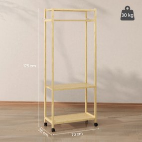 HOMCOM Cuier de Podea cu Bară și 4 Roți, Economisire Spațiu, Cuier din Bambus cu Rafturi Inferioare, pentru Dormitor, Hol, 70x35x175 cm, Lemn Natural | Aosom Romania