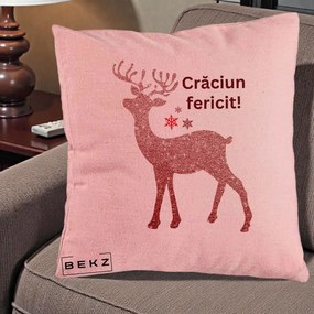 Perna Decorativa Ren Sclipitor Glitter Craciun Fericit, 40x40 cm, Roz, Husa Detasabila, Perna Inclusa, BEKZ®