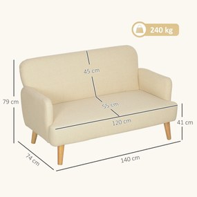 HOMCOM Canapea Modernă Scandinavă, Canapea cu 2 Locuri, Brațe, și Picioare din Lemn, 140x74x79 cm, Alb Crem | Aosom Romania