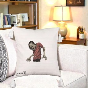 Perna Decorativa Halloween Zombie Infricosator, 40x40 cm, Bej cu Franjuri, Husa Detasabila, Perna Inclusa, BEKZ®