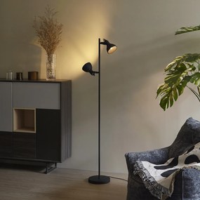 Lampă de podea industrială neagră cu lemn cu 2 lumini - Jakub