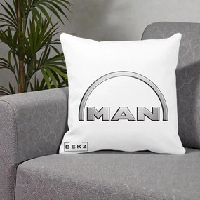 Perna Personalizata cu emblema MAN, 40x40 cm, Alba Mata, Husa Detasabila, Perna Inclusa, BEKZ®