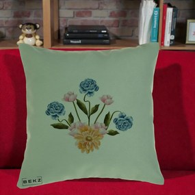 Perna Decorativa Buchet Primavara Acuarela, 40x40 cm, Verde, Husa Detasabila, Perna Inclusa, BEKZ®