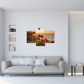 Tablou cu apus de soare cu flori de maci (90x60 cm)