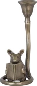 Sfeșnic decorativ din metal, finisaj alamă antichizată, șoricel citind, 8,5 x 8 x 15 cm, „Mouse"