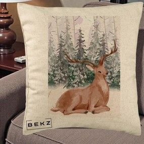 Perna Decorativa Ren in Padure Roz Moale, 40x40 cm, Bej, Husa Detasabila, Perna Inclusa, BEKZ®