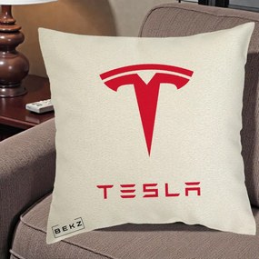 Perna Personalizata cu emblema Tesla, 40x40 cm, Ecru, Husa Detasabila, Perna Inclusa, BEKZ®