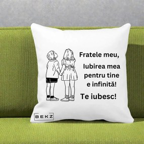 Cadou pentru Frate - Perna Personalizata Fratele Meu Te Iubesc Copii Tinand Maini Line Art, 40x40 cm, Alba Mata, Husa Detasabila, Perna Inclusa, BEKZ®