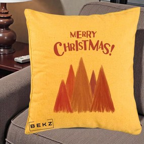 Perna Decorativa Merry Christmas Brazi Roz, 40x40 cm, Galben, Husa Detasabila, Perna Inclusa, BEKZ®