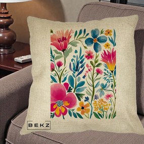 Perna Decorativa Gradina Florala Acuarela Colorata, 40x40 cm, Crem, Husa Detasabila, Perna Inclusa, BEKZ®