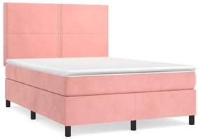 Pat box spring cu saltea, roz, 140x190 cm, catifea Roz, 140 x 190 cm, Culoare unica si cuie de tapiterie