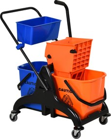 HOMCOM Cărucior Profesional de Curățenie cu 2 Găleți de 26L, Cărucior cu Presă, Mâner și 4 Roți Universale, pentru Hotel, Casă, Birou, 78x45x95 cm, Portocaliu și Albastru | Aosom Romania