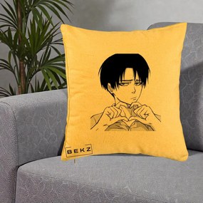Perna Personalizata Levi Ackerman Inima, 40x40 cm, Galben, Husa Detasabila, Perna Inclusa, BEKZ®